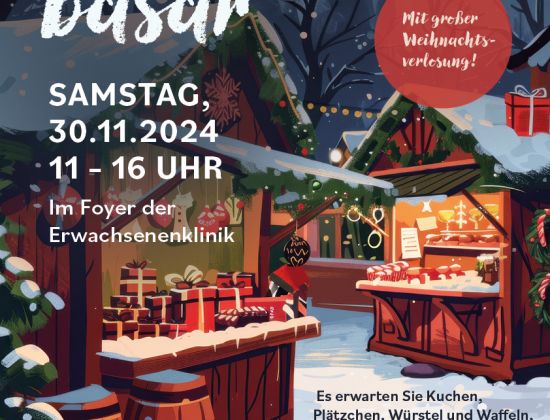 Einladung zum Weihnachtsbasar, im Hintergund sind typische Weihnachtsmarktbuden mit Schnee bedeckt 